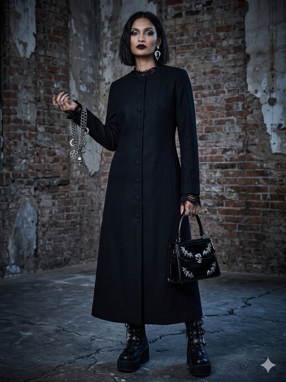 Rare Vintage Handmade Long Black Button-Front Cossack/Gothic Coat Dress